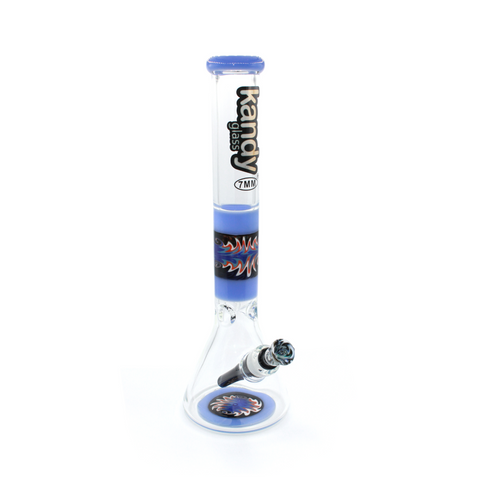 Kandy Glass Water Pipe 16" Beaker Base W/Stripe On Neck, Flamed Design On Stripe And Colored Downstem