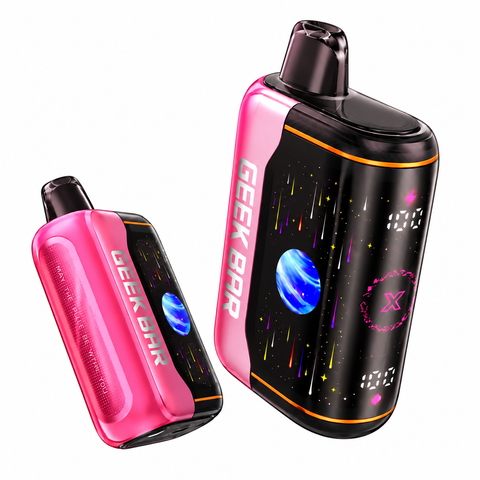Two GEEK BAR disposable vape devices shown on a plain white background, one in bright pink and one in black with neon space graphics. The larger device on the right is black with pink side panels and colorful cosmic print, while the smaller device on the left is solid pink.