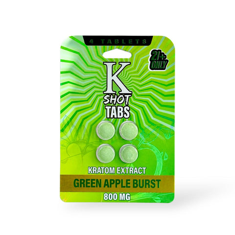 Packaging of K Shot Tabs Kratom Extract Green Apple Burst on a white background