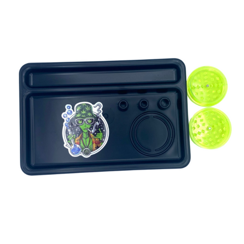Plastic Tray W/Compartments, Plastic Grinder & Sticker